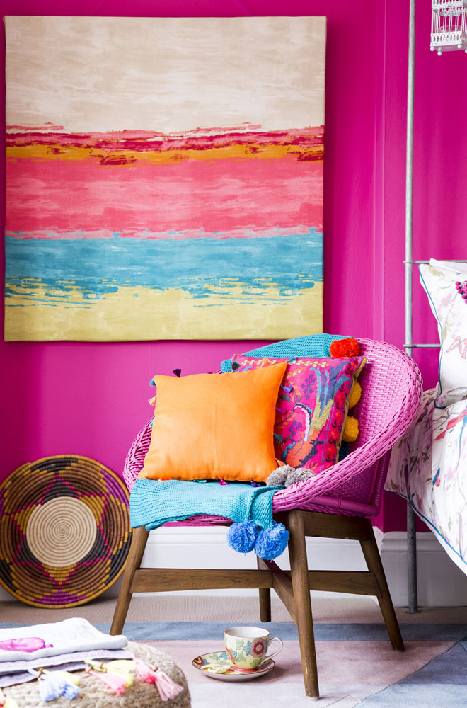 Bedroom with flashes of sky-blue, hot pink and sweet orange to create a zingy carnival feel